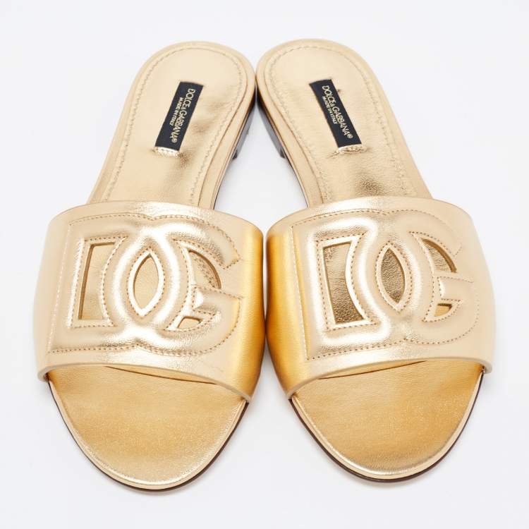 Pre Owned Dolce & Gabbana Gold Leather Logo Flat Slides Size 37