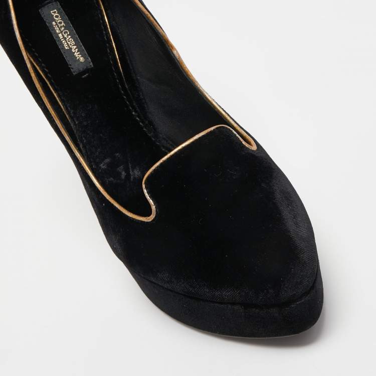 Pre Owned Dolce & Gabbana Black Velvet And Leather Platform Pumps Size 40