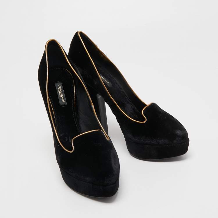 Pre Owned Dolce & Gabbana Black Velvet And Leather Platform Pumps Size 40