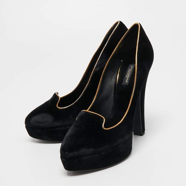 Pre Owned Dolce & Gabbana Black Velvet And Leather Platform Pumps Size 40
