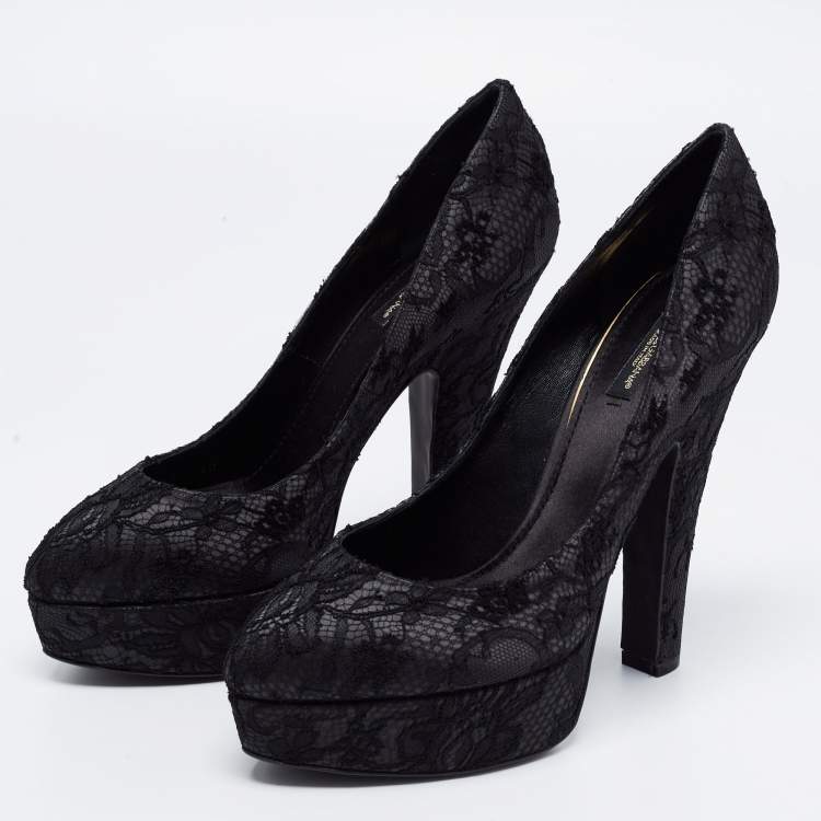 Pre Owned Dolce & Gabbana Black Lace Platform Pumps Size 40