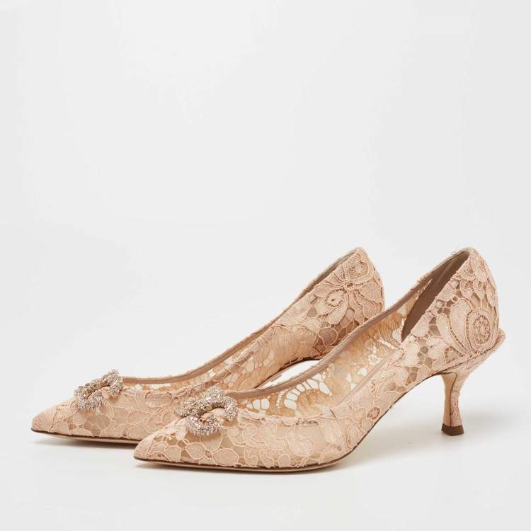 Pre Owned Dolce & Gabbana Beige Lace DG Amore Pointed Toe Pumps Size 40