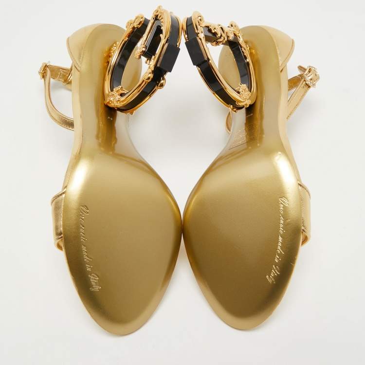 Pre Owned Dolce & Gabbana Gold Leather Keira  Logo Ankle Strap Sandals Size 39