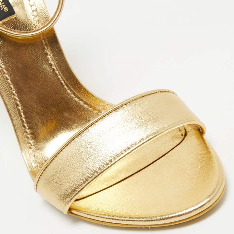 Pre Owned Dolce & Gabbana Gold Leather Keira  Logo Ankle Strap Sandals Size 39