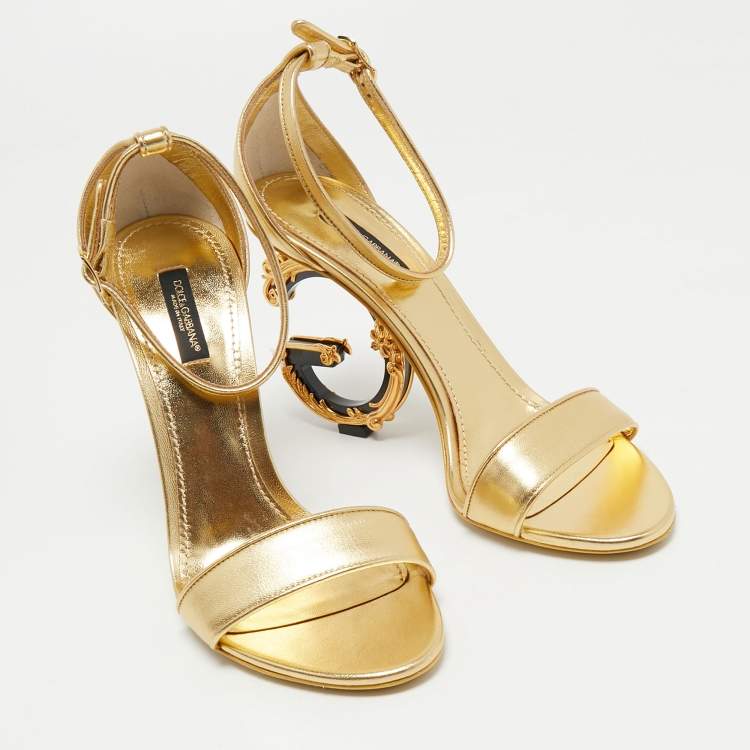 Pre Owned Dolce & Gabbana Gold Leather Keira  Logo Ankle Strap Sandals Size 39