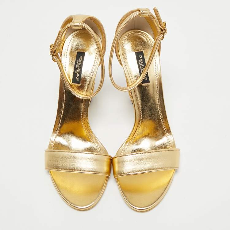 Pre Owned Dolce & Gabbana Gold Leather Keira  Logo Ankle Strap Sandals Size 39