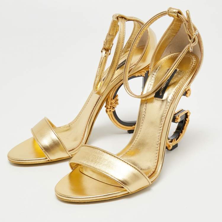 Pre Owned Dolce & Gabbana Gold Leather Keira  Logo Ankle Strap Sandals Size 39
