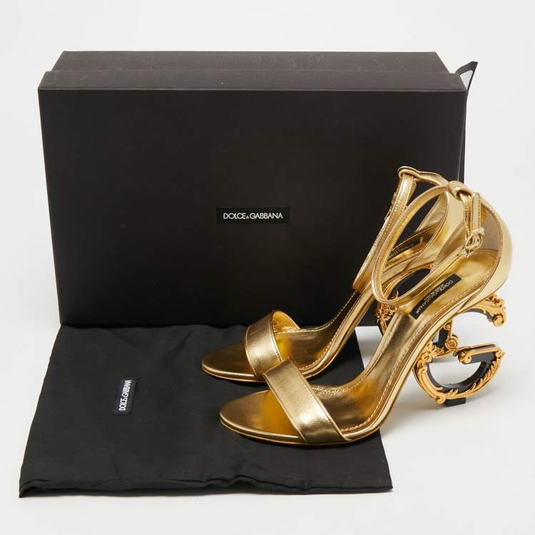 Pre Owned Dolce & Gabbana Gold Leather Keira  Logo Ankle Strap Sandals Size 39
