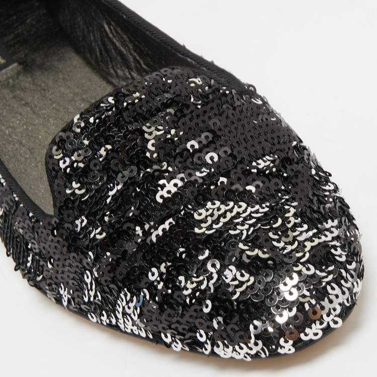 Pre Owned Dolce & Gabbana Black/Silver Sequins Smoking Slippers Size 40