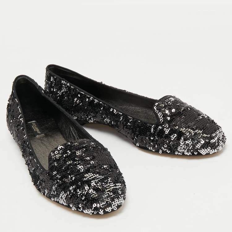 Pre Owned Dolce & Gabbana Black/Silver Sequins Smoking Slippers Size 40