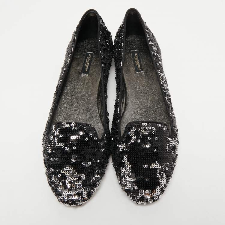 Pre Owned Dolce & Gabbana Black/Silver Sequins Smoking Slippers Size 40