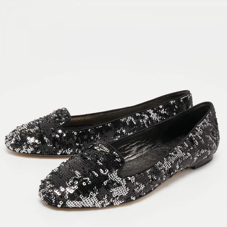Pre Owned Dolce & Gabbana Black/Silver Sequins Smoking Slippers Size 40