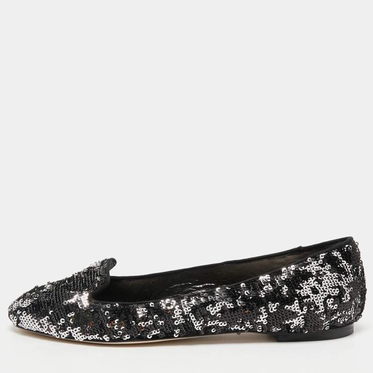 Pre Owned Dolce & Gabbana Black/Silver Sequins Smoking Slippers Size 40