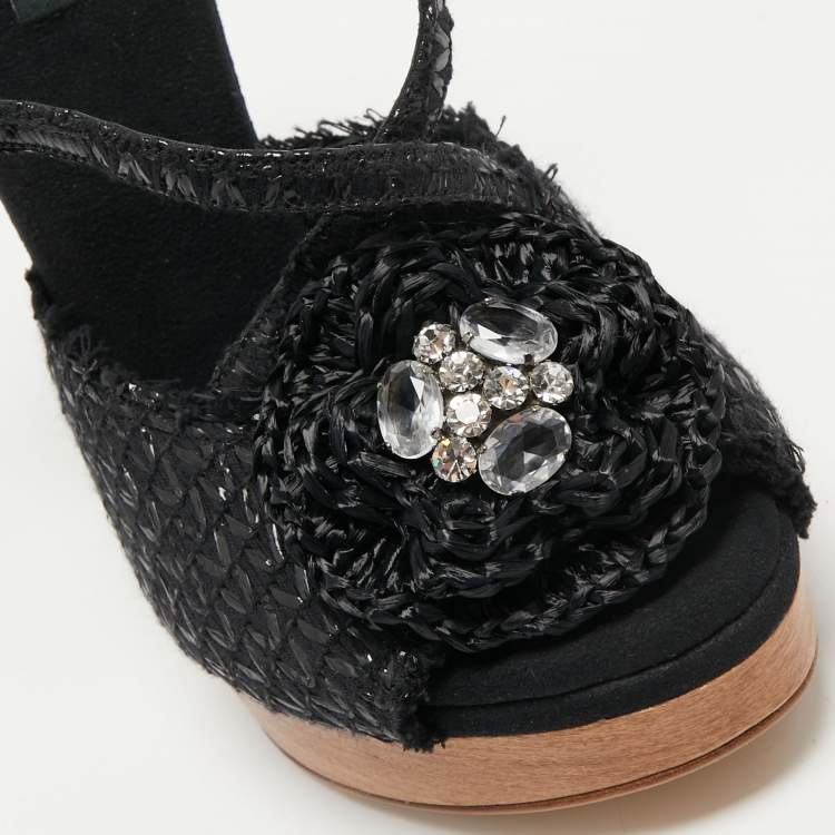 Pre Owned Dolce & Gabbana Black Raffia Crystal Embellished Platform Sandals Size 40