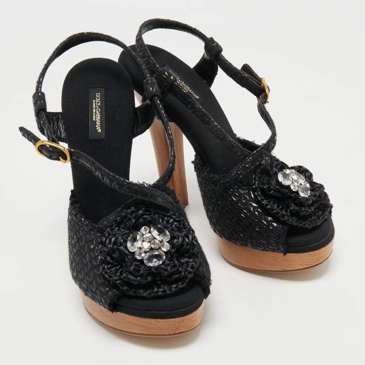 Pre Owned Dolce & Gabbana Black Raffia Crystal Embellished Platform Sandals Size 40