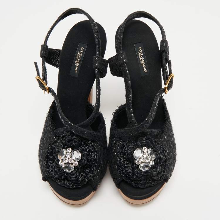 Pre Owned Dolce & Gabbana Black Raffia Crystal Embellished Platform Sandals Size 40