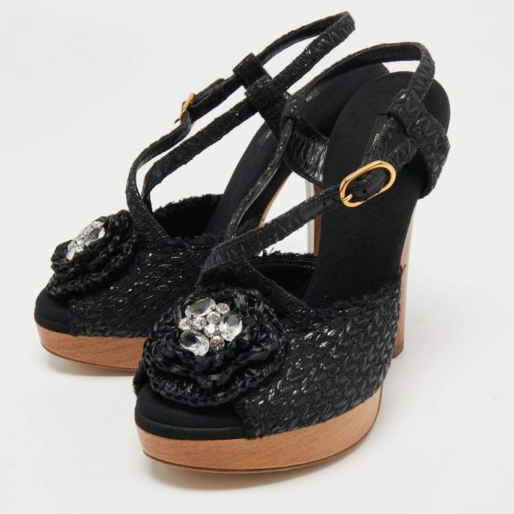 Pre Owned Dolce & Gabbana Black Raffia Crystal Embellished Platform Sandals Size 40