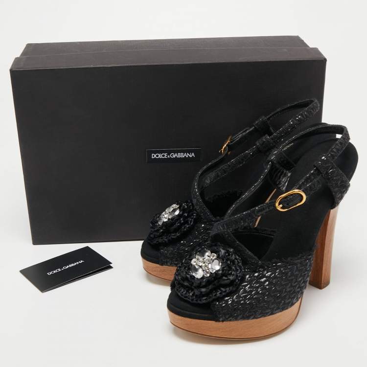 Pre Owned Dolce & Gabbana Black Raffia Crystal Embellished Platform Sandals Size 40