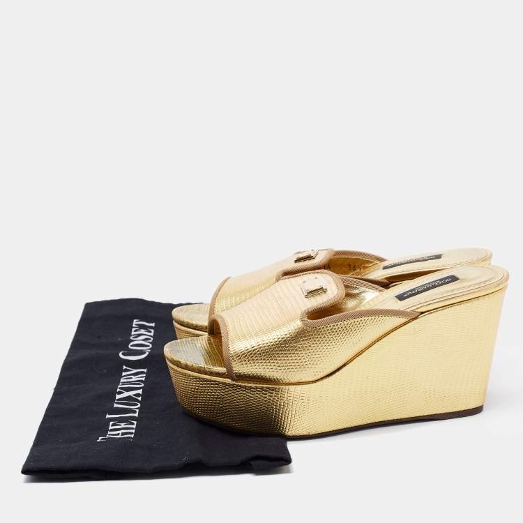 Pre Owned Dolce & Gabbana Gold Lizard Embossed Leather Wedge Platform Slide Sandals Size 36.5