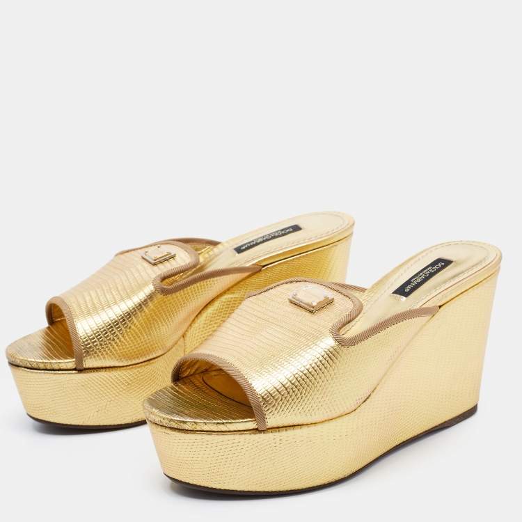 Pre Owned Dolce & Gabbana Gold Lizard Embossed Leather Wedge Platform Slide Sandals Size 36.5