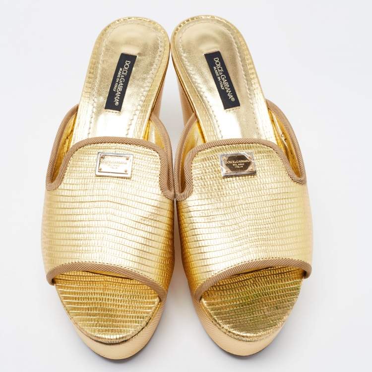 Pre Owned Dolce & Gabbana Gold Lizard Embossed Leather Wedge Platform Slide Sandals Size 36.5