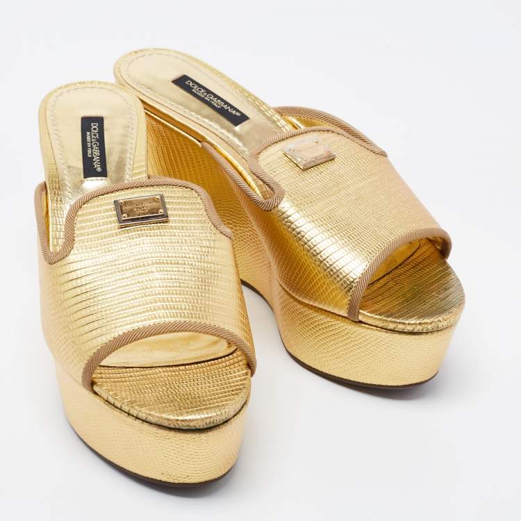 Pre Owned Dolce & Gabbana Gold Lizard Embossed Leather Wedge Platform Slide Sandals Size 36.5