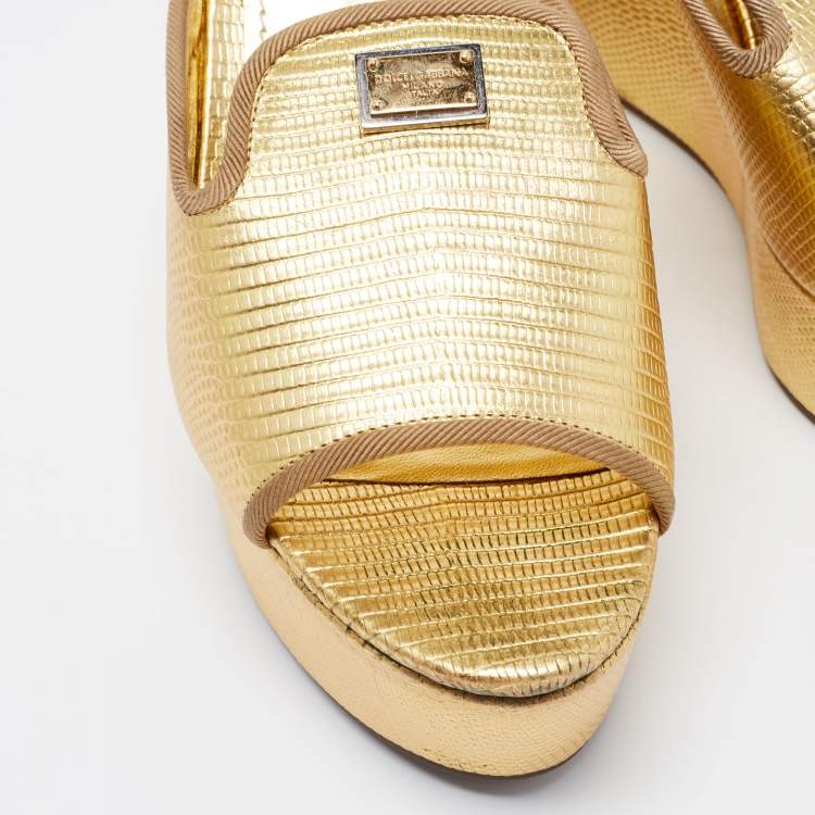 Pre Owned Dolce & Gabbana Gold Lizard Embossed Leather Wedge Platform Slide Sandals Size 36.5
