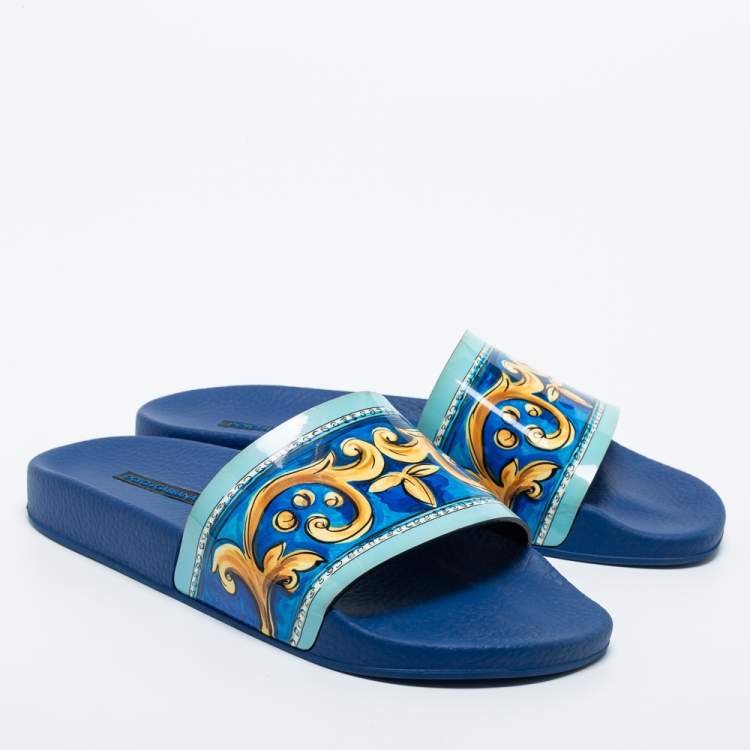 Pre Owned Dolce & Gabbana Tricolor Majolica Print Patent Leather Slides Size 39
