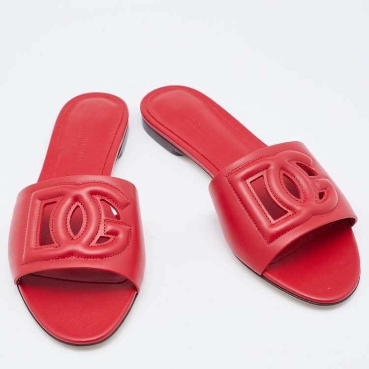 Pre Owned Dolce & Gabbana Red Leather Cut Out Flat Slides Size 37