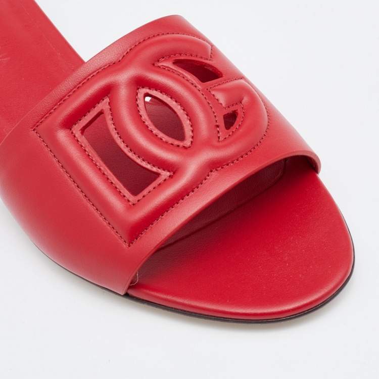 Pre Owned Dolce & Gabbana Red Leather Cut Out Flat Slides Size 37