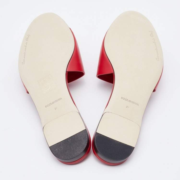 Pre Owned Dolce & Gabbana Red Leather Cut Out Flat Slides Size 37