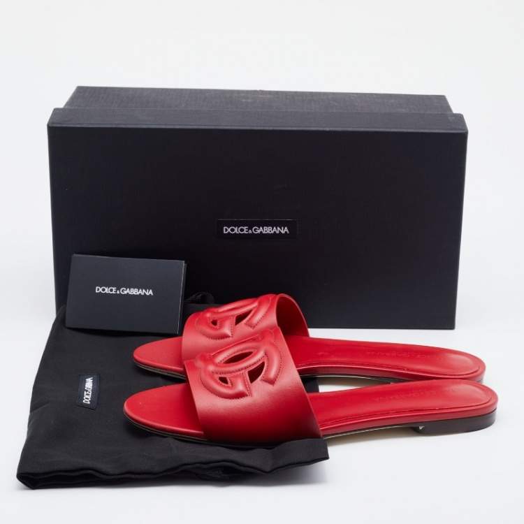 Pre Owned Dolce & Gabbana Red Leather Cut Out Flat Slides Size 37