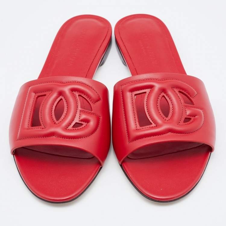 Pre Owned Dolce & Gabbana Red Leather Cut Out Flat Slides Size 37