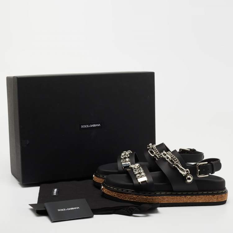 Pre Owned Dolce & Gabbana Black Leather Crystal Embellished Strap Sandals Size 38