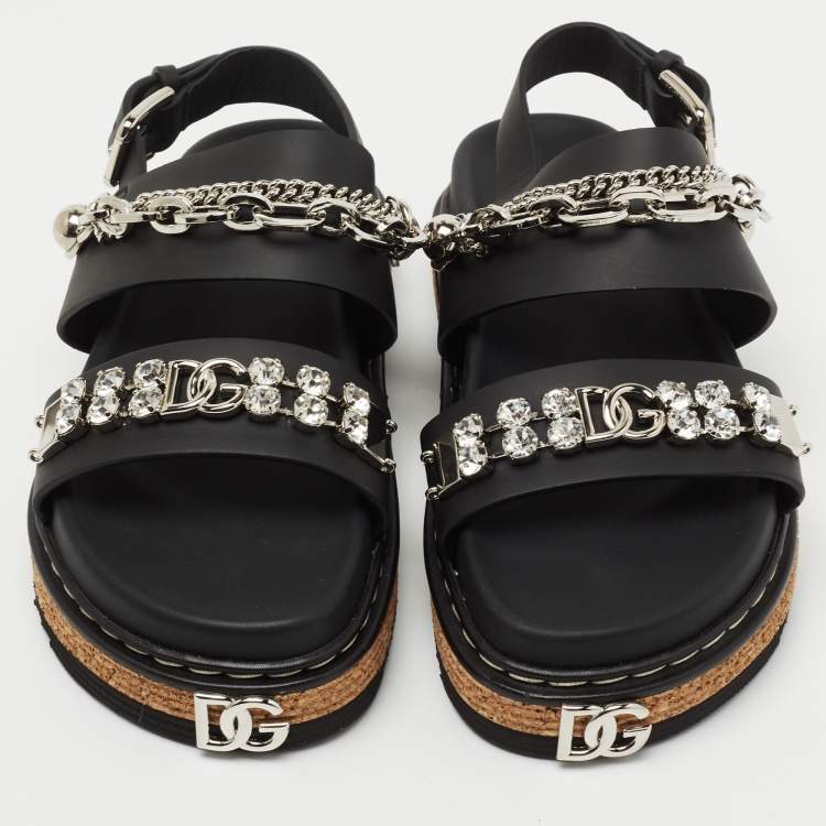 Pre Owned Dolce & Gabbana Black Leather Crystal Embellished Strap Sandals Size 38