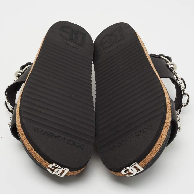 Pre Owned Dolce & Gabbana Black Leather Crystal Embellished Strap Sandals Size 38