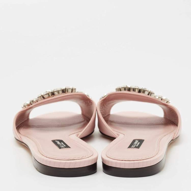 Pre Owned Dolce & Gabbana Pink Embossed Lizard Leather Crystal Embellished Flat Slides Size 40
