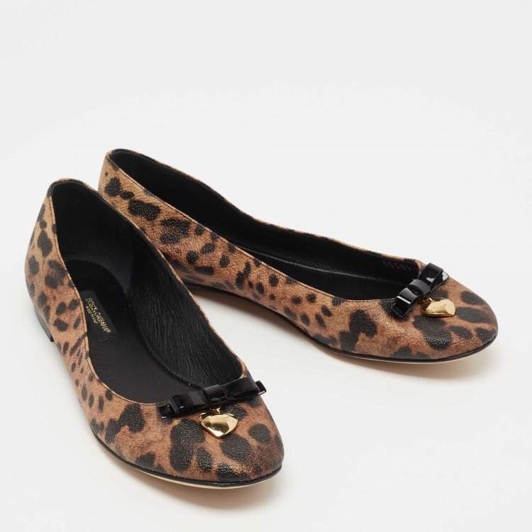 Pre Owned Dolce & Gabbana Brown/Black Leopard Print Coated Canvas Ballet Flats Size 36.5