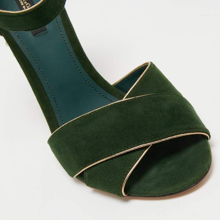 Pre Owned Dolce & Gabbana Green Suede Crystal Embellished Block Heel Sandals Size 38