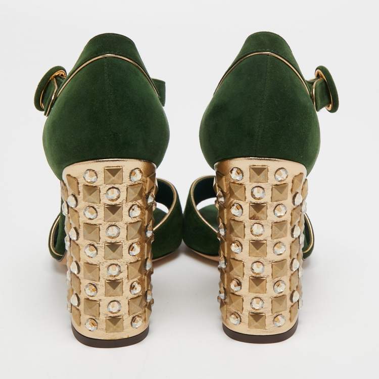 Pre Owned Dolce & Gabbana Green Suede Crystal Embellished Block Heel Sandals Size 38