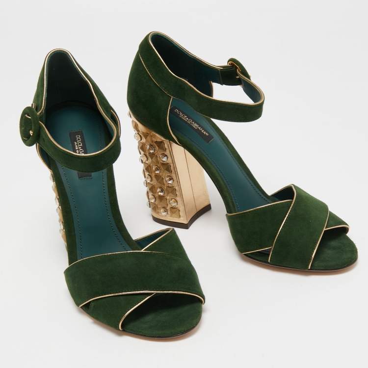 Pre Owned Dolce & Gabbana Green Suede Crystal Embellished Block Heel Sandals Size 38