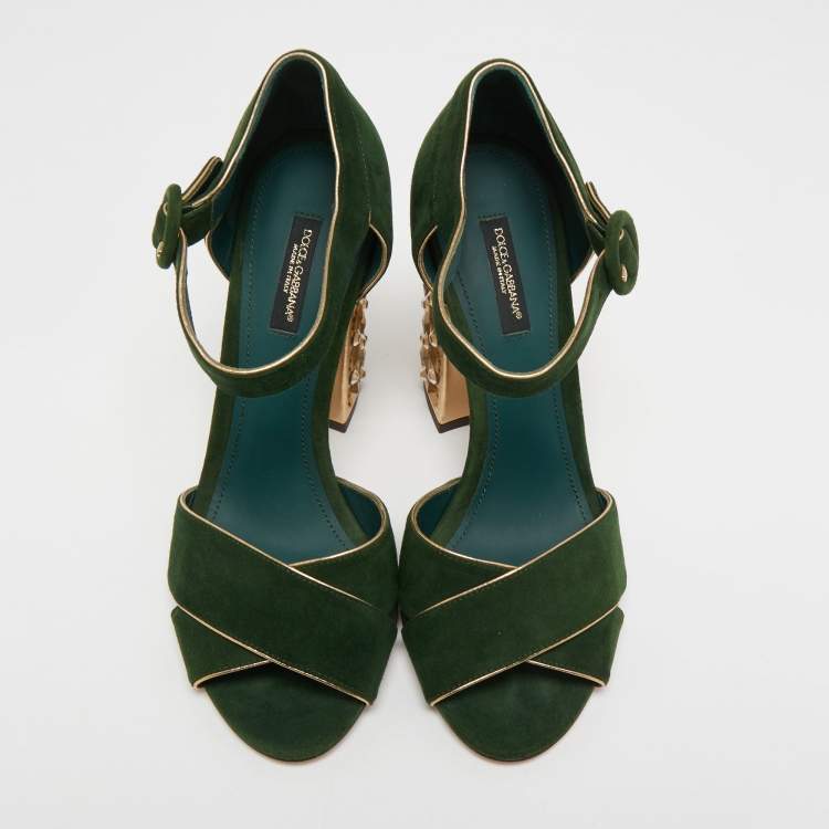 Pre Owned Dolce & Gabbana Green Suede Crystal Embellished Block Heel Sandals Size 38