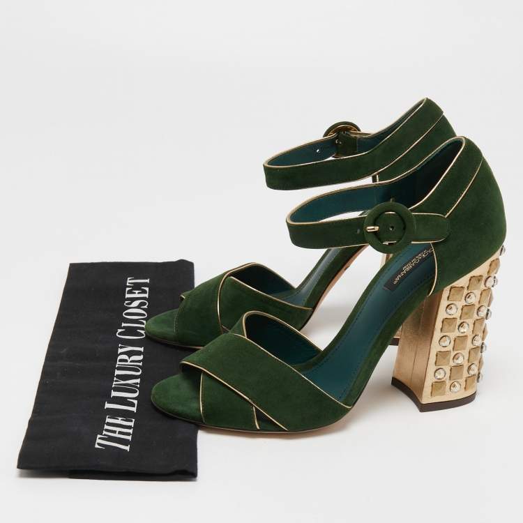 Pre Owned Dolce & Gabbana Green Suede Crystal Embellished Block Heel Sandals Size 38