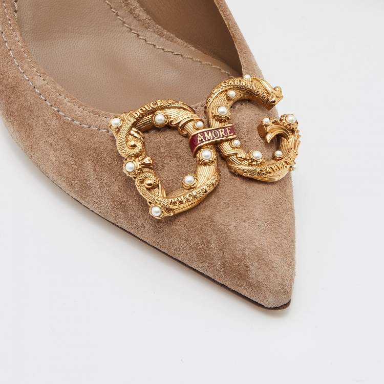 مملوكة مسبقًا Dolce & Gabbana Light Brown Suede DG Amore Pointed Toe Pumps Size 36