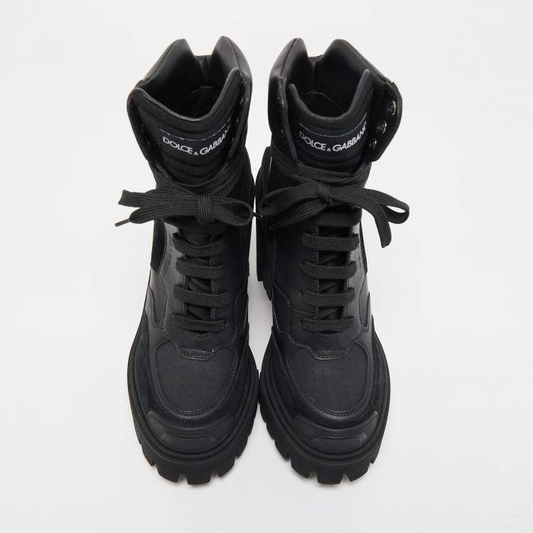 Pre Owned Dolce & Gabbana Black Leather and Suede Combat Boots Size 40