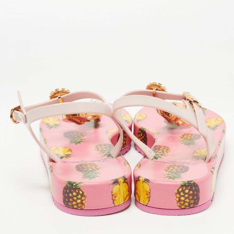 Pre Owned Dolce & Gabbana Pink Rubber Crystal Embellished Thong Flats Size 40