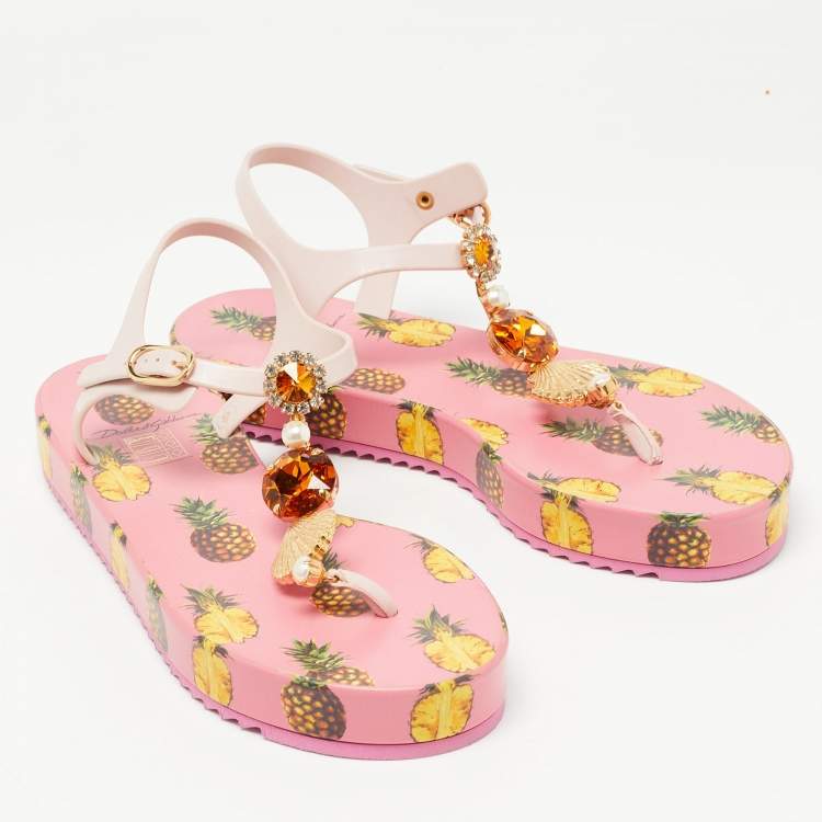 Pre Owned Dolce & Gabbana Pink Rubber Crystal Embellished Thong Flats Size 40
