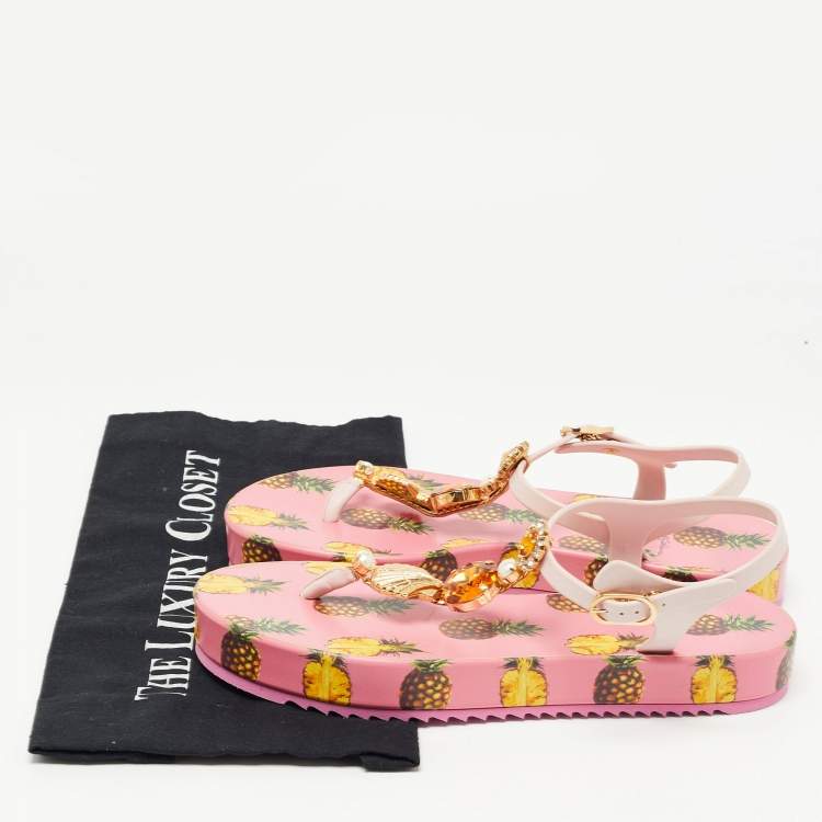 Pre Owned Dolce & Gabbana Pink Rubber Crystal Embellished Thong Flats Size 40