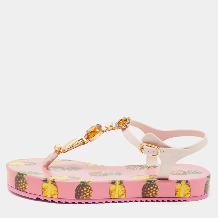 Pre Owned Dolce & Gabbana Pink Rubber Crystal Embellished Thong Flats Size 40