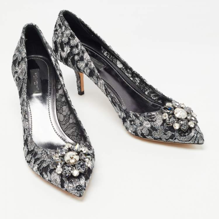 Pre Owned Dolce & Gabbana Grey/Black Lace Crystal Embellished Bellucci Pumps Size 41